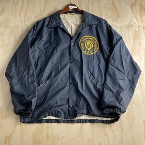 Vintage Turfer Jacket Mens 42 Blue Nylon Lined Snap Steelworkers Windbreaker USA